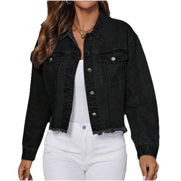 Black Cropped Denim Jacket Women’s M Frayed Raw Hem Button Front Streetwear - Picture 1 of 10